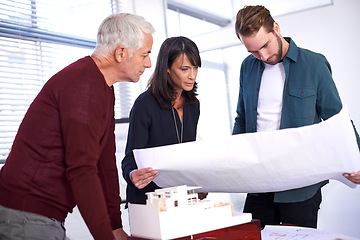 Image showing Coworker, idea and blueprint with design at office with drawing for building renovation, teamwork as architect. Business, people and collaboration on task, planning and layout or illustration.