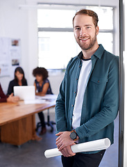 Image showing Portrait, meeting and blueprint with architect man in office boardroom with documents for building, design or planning. Architecture, construction and confident young developer team in workplace