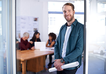 Image showing Portrait, smile and blueprint with architect team in boardroom with documents for building, design or planning. Architecture, collaboration and construction with happy developer group in office