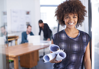 Image showing Portrait, smile and blueprint with architecture or woman in boardroom with documents for building or planning. Designer, drawings and creative or collaboration with architect team for construction