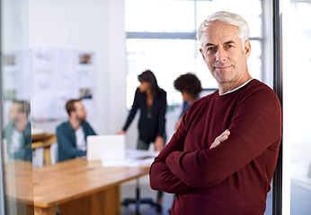 Image showing Portrait, smile and businessman with team meeting, leader or ceo with colleagues. Happy, collaboration and design of building architecture for firm in office, designer and project management