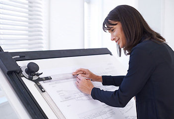 Image showing Drawing, blueprint and architect planning on board with creative ideas for industrial project or development. Woman, sketch and happy with floor plan, architecture or brainstorming process in office