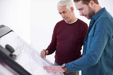 Image showing Architecture, collaboration and draft table with business people meeting in boardroom of office for construction. Building, creative and man architect team in looking at blueprint in workplace