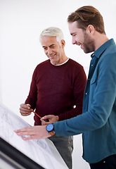 Image showing Architect, plan and drawing board in office for discuss, building for design and collab for illustration for project. Trainee with mentor or coworker with smile and show for blueprint and idea