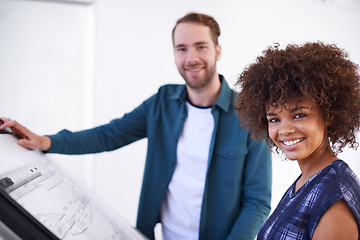 Image showing Architecture, collaboration and portrait of business people meeting in boardroom of office for construction. Building, creative man and woman architect team drafting blueprint in workplace together