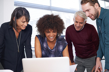 Image showing Web designers, laptop and discussion with office, diversity and meeting or creative partnership. Employees, plans and collaboration for blueprint, brainstorming and problem solving for startup agency