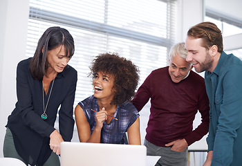 Image showing Web designers, laptop and brainstorming with office, diversity and meeting or creative partnership. Employees, discussion and collaboration for blueprint, plans and problem solving for startup agency