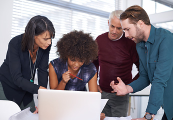 Image showing Web designers, laptop and plans with office, diversity and meeting or creative partnership. Employees, discussion and collaboration for blueprint, brainstorming and problem solving for startup agency