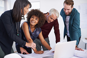 Image showing Web designers, laptop and partnership with office, diversity and meeting and creative discussion. Employees, plans and development with blueprint, brainstorming and problem solving for startup agency