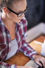 Image showing Woman, laptop or writing as freelance, research or social media blog in business for remote work. Professional, female writer or typing on computer in digital, creative or communication on web email