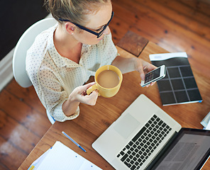 Image showing Woman, phone or coffee to relax in remote work as mobile text, app or news in digital contact. Female writer, smartphone or tea to scroll as rest, browse or connect to online social network on break