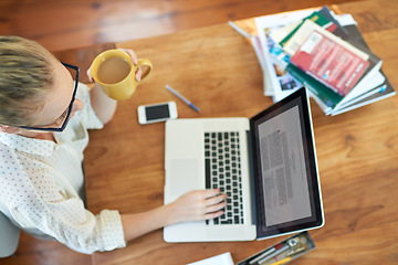 Image showing Woman, laptop to research or study writing of book, blog or article as remote work in Los Angeles. Female journalist, phone or computer as typing, online, report or script as creative copywriting