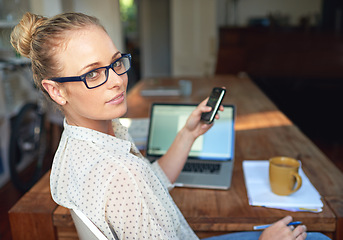 Image showing Portrait, woman or phone to browse, scroll or relax on internet as digital, contact or news. Freelance writer, smartphone or typing of text as online communication, research or blog on social network