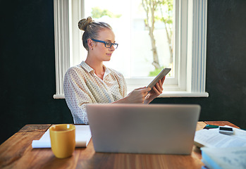 Image showing Home, office and woman with tablet reading a review online with professional research or news in business. Search, internet and learning from information on tech or knowledge from website for work