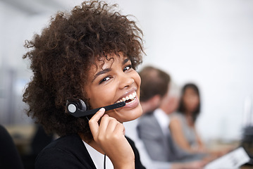 Image showing Call center, happy and portrait of woman in office with headset working on online telemarketing consultation. Smile, customer support and female consultant with crm service communication in workplace