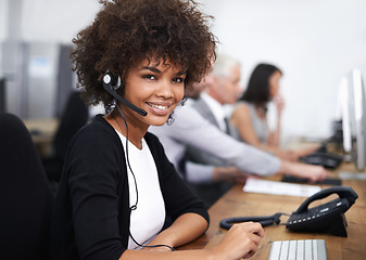 Image showing Customer service, smile and portrait of woman in office with headset working on online telemarketing consultation. Happy, call center and female consultant with crm communication in workplace