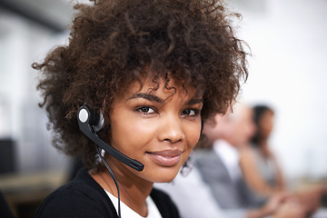 Image showing Customer support, smile and portrait of woman in office with headset working on online telemarketing consultation. Happy, call center and female consultant with crm service communication in workplace