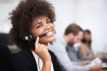 Image showing Customer service, happy and portrait of woman in office with headset working on online telemarketing consultation. Smile, call center and female consultant with crm service communication in workplace