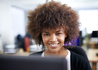 Image showing Business woman, portrait and computer for research, online and planning on website in office. Black female person, coworking space and feedback on report, internet and networking for proposal in work