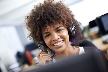 Image showing Customer service, headset and portrait of woman in office for working on online telemarketing consultation. Happy, call center and female consultant with crm service communication in workplace.