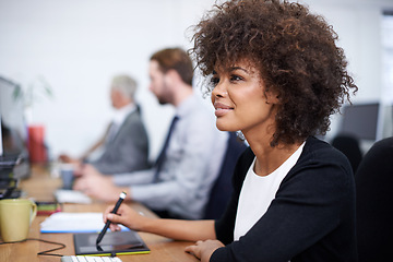 Image showing Smile, notebook and journalist in office with thinking for research, brainstorming or planning for article. Black woman, pen and productivity desk for idea, schedule or business project at workplace