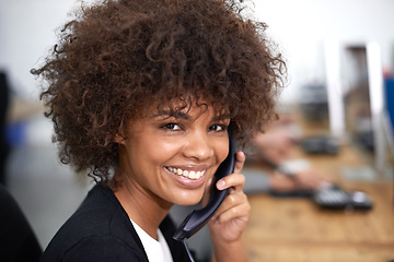 Image showing Woman, portrait and phone call in office for customer service with telemarketing, help desk and happiness. Call center, employee and face of consultant with telephone for support, telesales or advice