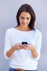 Image showing Happy, woman and smartphone typing, smile of female person on social media for browsing and information search. Internet, online reading and web connection for communication and technology device