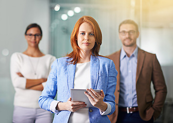 Image showing Tablet, woman and portrait of team leader with business people at office for coworking or cooperation together. Face, technology and professional group of employees or consultants in collaboration