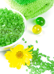 Image showing bath salt, oil balls and green towels