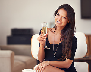 Image showing Relax, portrait and woman smile with champagne for luxury or leisure, elegant and unwind for weekend holiday. Female person, toast or cheers with glass or wine, enjoy and celebrate on classy vacation