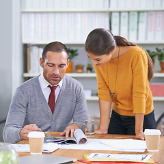 Image showing Business people, creative and conversation with brainstorming and layout for project launch. Editor, manager and employee with magazine company and teamwork with cooperation, ideas and journalist