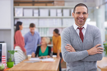 Image showing Businessman, arms crossed and portrait in office with smile for presentation or meeting with confidence. Male person, entrepreneur and corporate at work professional or formal outfit in boardroom