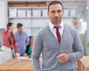 Image showing Businessman, professional and portrait in office or workplace for presentation or meeting with colleagues. Male person, entrepreneur and corporate at work with confident or formal outfit in boardroom