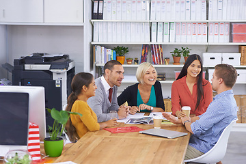 Image showing Staff, collaboration and brainstorming for startup plan, discussion and meeting for conversation strategy. Employees, teamwork and communicating for creative, ideas and advertising company or agency.