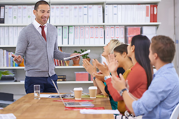 Image showing Business people, meeting and applause for presentation, discussion and motivation in office. Colleagues, communication and cheering or clapping for strategy, celebration and agreement in boardroom