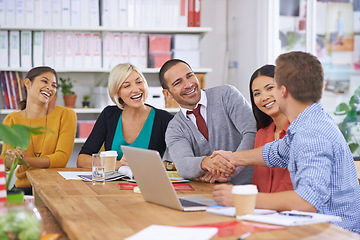 Image showing Business people, b2b and handshake for onboarding in office, recruitment and introduction in meeting. Happy, colleagues and agreement in partnership, smile and congratulations for hiring or deal