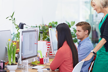 Image showing Business people, computer and teamwork for collaboration on plan, office and research on internet. Colleagues, happy and reading information on website, together and support for proposal or report