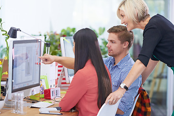 Image showing Business people, computer and teamwork for pointing to plan, office and collaboration on project. Colleagues, happy and reading information on website, together and support for proposal or report