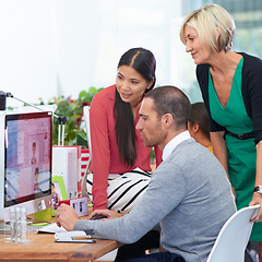 Image showing Business people, computer and communication for collaboration on idea, office and teamwork. Colleagues, happy and reading information on website, creative agency and support for proposal or project