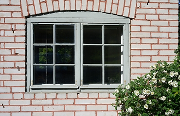Image showing window in a brick house and wild rose bush