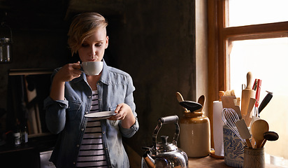 Image showing Morning, tea and woman in kitchen drink on calm break and routine process in home. Healthy, matcha or person in house with breakfast beverage to start holiday or vacation or relax with espresso latte