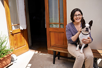 Image showing Porch, portrait and mature woman with dog, smile and happiness for pet outdoor of home to relax. Summer, house and female person together with animal for love, care and support with loyalty on bench