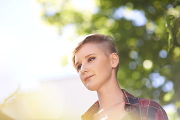 Image showing Woman, smile and nature with thinking in garden with for morning, peace or fresh air in sun. Summer, planning and gen z female person outdoors for stress relief, wellness or enjoyment on vacation