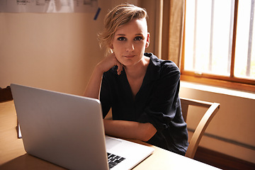 Image showing Portrait, businesswoman and laptop in home office with confidence, technology and freelancer for remote work. Person, editor and pride face with computer by workspace for productivity and online blog