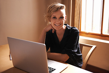 Image showing Portrait, business woman or laptop for remote work with confidence, technology or freelancer in home office. Person, editor or happy face with computer by workspace and connection or online research