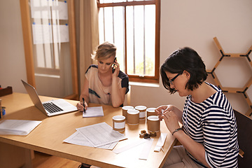 Image showing Teamwork, phone call and online order with business women in office together for planning or strategy. Collaboration, laptop and candle maker people in creative startup for design or communication