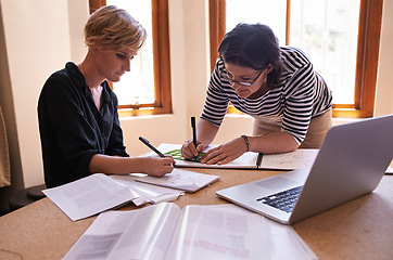 Image showing Business women, meeting and collaboration with remote work and creativity with design pattern in startup agency. Teamwork, entrepreneur and drawing in home office and brainstorming on fashion trend