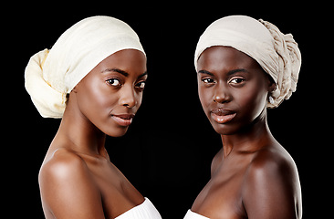 Image showing Beauty, scarf and portrait of African women in studio for wellness, health and hair care treatment. Salon aesthetic, friends and people with accessories, cosmetics and makeup on black background