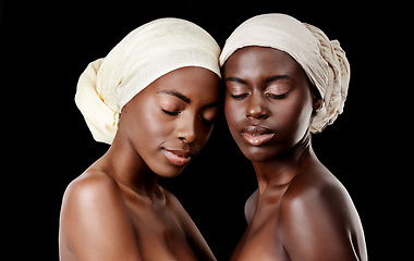 Image showing Beauty, scarf and African women in studio for wellness, health and hair care treatment. Salon aesthetic, culture and face of black people with accessories, cosmetics and makeup on dark background