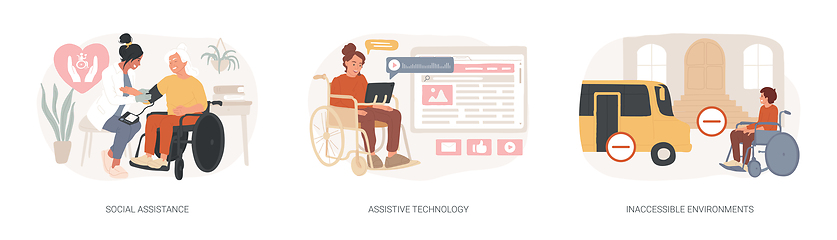 Image showing Help for disabled person isolated concept vector illustration set.